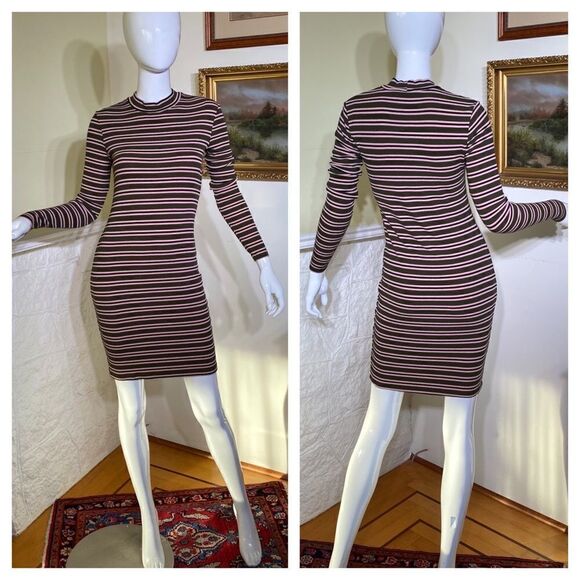 American Apparel Striped Ribbed Mock Turtleneck Long Sleeve Mini Dress - Picture 1 of 11